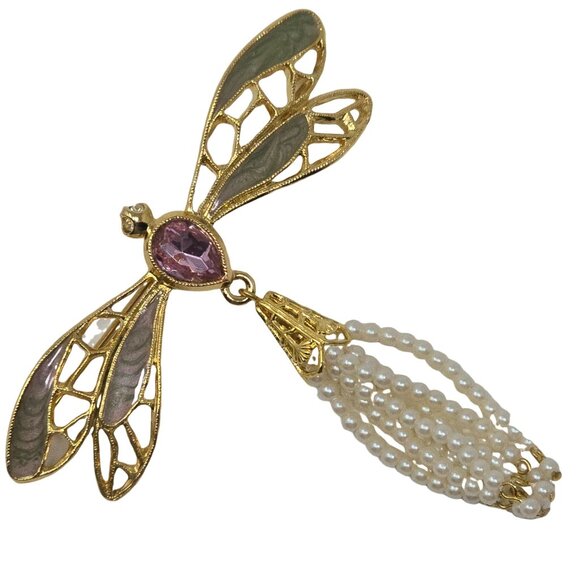 Vintage Avon Dragonfly Brooch Pink Stone Articulating Pearl Tassel - Picture 1 of 9